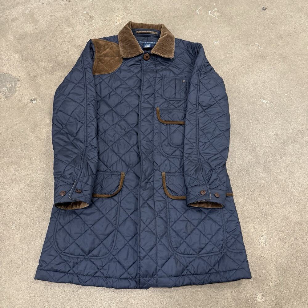 Ralph Lauren Kempton Hunting Quilted Coat Cowhide Corduroy Navy Polyester Medium
